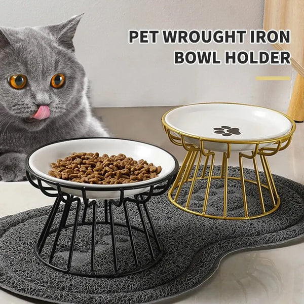 Pet Ceramic Bowl with Iron Rack - Anti-Black Chin, Spill-Proof, Easy to Eat