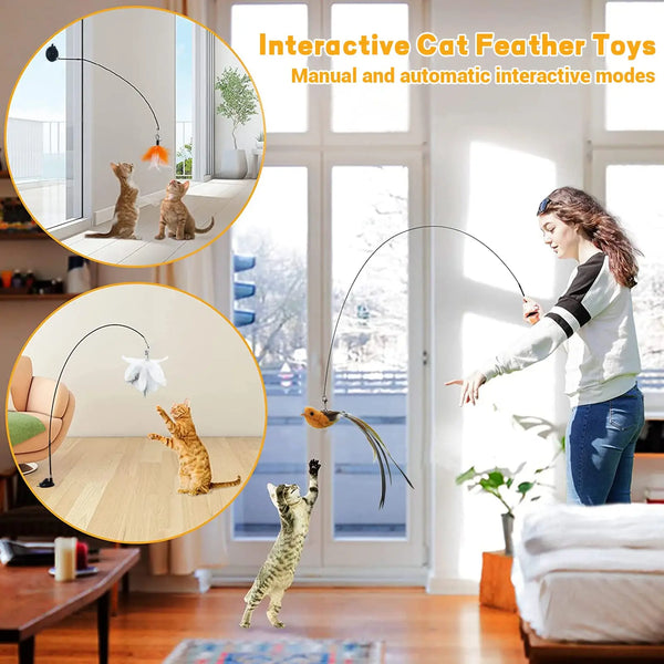 Interactive Cat Wand Toy with Suction Cup and Feather Replacements