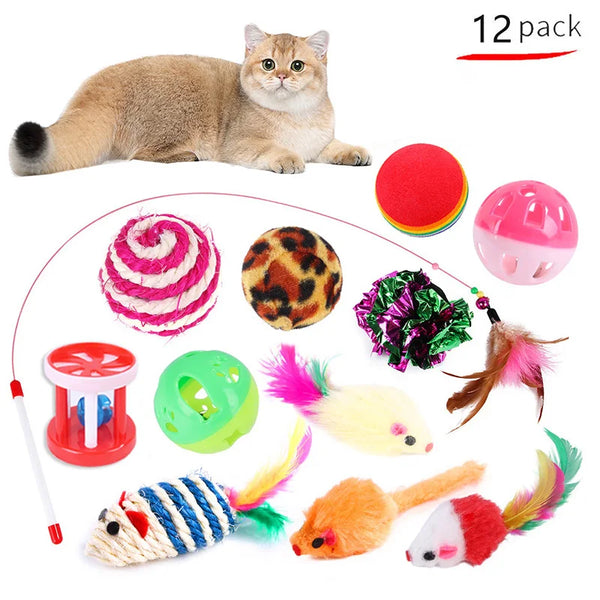 Kitten Toy Variety Pack - Cat Toys Set with Stick, Sisal Mouse, and Bell Ball