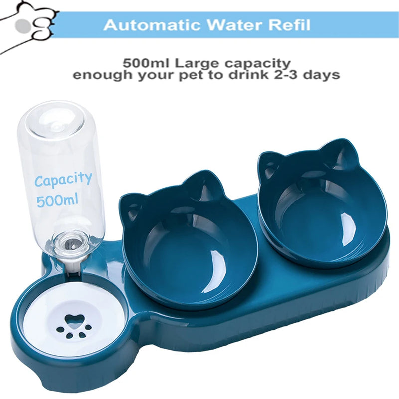 Design for Cats/Dogs. rewrite it in 10  words ChatGPT 2-in-1 Double Bowls: Automatic Drinking Bottle, Tilted, Rotatable Design for Pets.