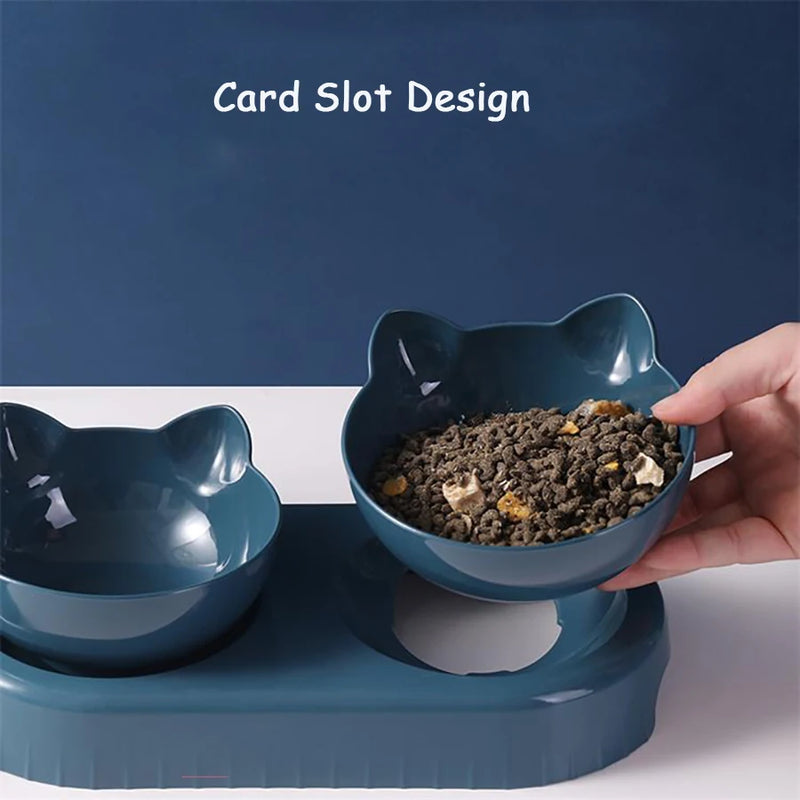 Design for Cats/Dogs. rewrite it in 10  words ChatGPT 2-in-1 Double Bowls: Automatic Drinking Bottle, Tilted, Rotatable Design for Pets.