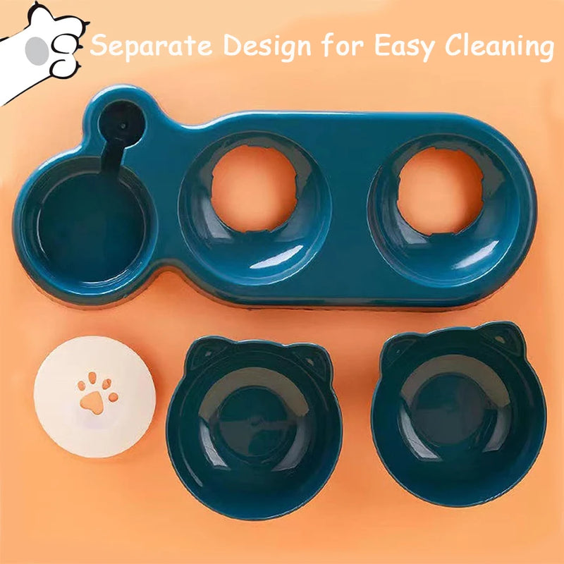 Design for Cats/Dogs. rewrite it in 10  words ChatGPT 2-in-1 Double Bowls: Automatic Drinking Bottle, Tilted, Rotatable Design for Pets.