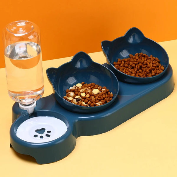 Design for Cats/Dogs. rewrite it in 10  words ChatGPT 2-in-1 Double Bowls: Automatic Drinking Bottle, Tilted, Rotatable Design for Pets.